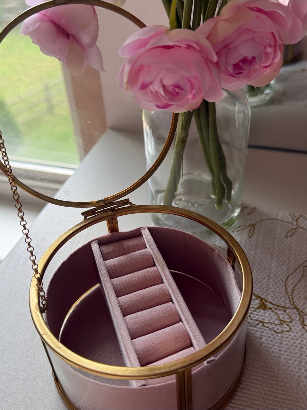 Glass Jewelry Organizer in Blush Pink and Gold Trim